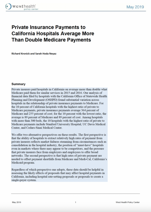 Private Insurance Payments to California Hospitals Average More Than Double Medicare Payments